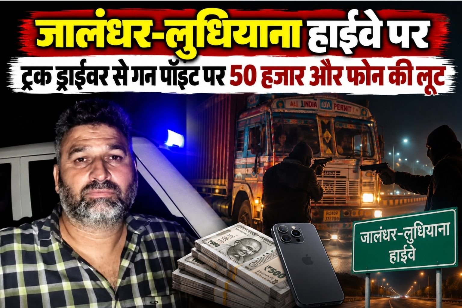 पंजाब में जालंधर-लुधियाना नेशनल हाईवे पर फिल्लौर के पास स्थित गांव भट्टियां के पास देर रात बदमाशों ने गन पॉइंट पर लूट की वारदात को अंजाम दिया। शुक्रवार रात करीब 12 बजे के बाद आई-20 कार में सवार होकर आए 4 से 5 अज्ञात लुटेरों ने गनपॉइंट पर एक ट्रक ड्राइवर से 50 हजार रूपए और मोबाइल लूट कर फरार हो गए।