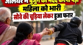 जालंधर के दिलबाग नगर में राधा कृष्ण मंदिर के पास एक महिला को बुजुर्ग व्यक्ति की मदद करना पड़ भारी गया, क्योंकि शातिर बुजुर्ग व्यक्ति ने महिला को अपने बातों में उलझाकर उसकी 4 तोले की सोने की चूड़ियां और गहने लेकर फरार हो जाता है। यह घटना पास में लगे सीसीटीवी कैमरे में कैद हो गई है।