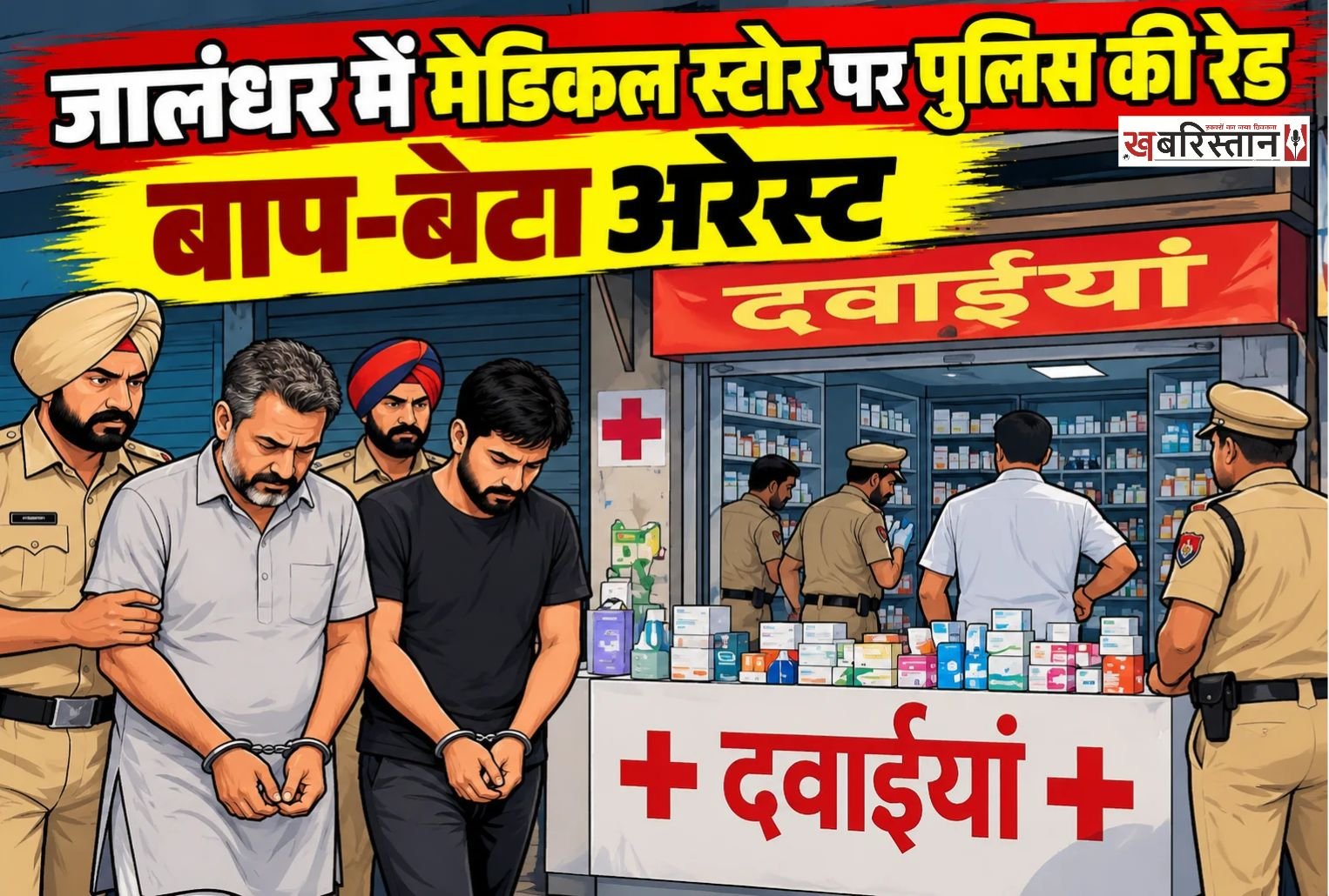 जालंधर में एक बार फिर पुलिस मेडिकल स्टोर पर रेड करने पहुंची। इस बार पुलिस ड्रग इंस्पेक्टर के साथ बस्ती बावा खेल अड्डा के पास आनंद मेडिकल स्टोर और प्रभजोत मेडिकल स्टोर पर पहुंची। मेडिकल स्टोर में रेड करने के बाद पुलिस ने आनंद के घर पर रेड करके बाप-बेटे को गिरफ्तार कर लिया।